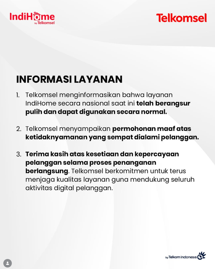 Informasi resmi Instagran Telkomsel tentang internet yang kembali stabil